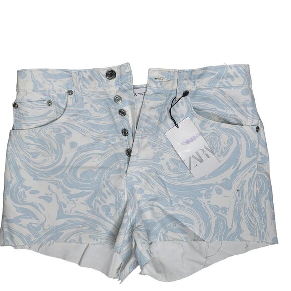 Zara nwt High-Waist Light Blue & White Marble Print Denim Shorts sz 8 button fly - Picture 5 of 5